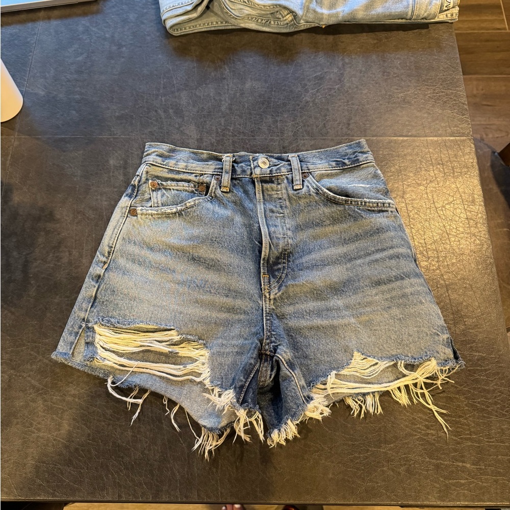 Re/Done Blue Distressed Jean Shorts